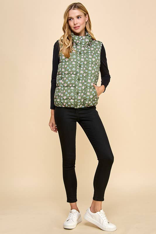 Floral Print Front Zipper Puffer Vest