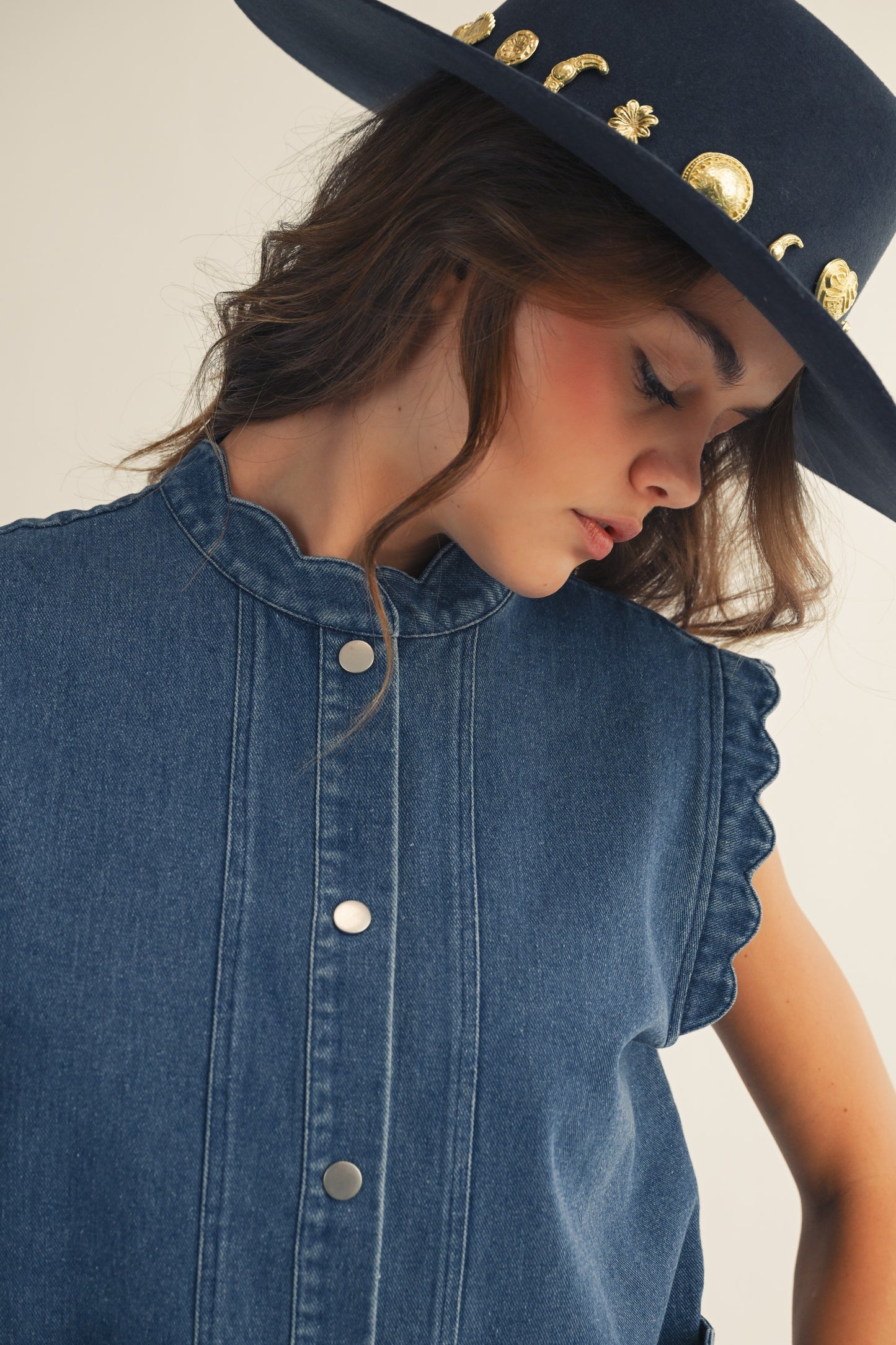 Washed Ruffle Edge Denim Vest