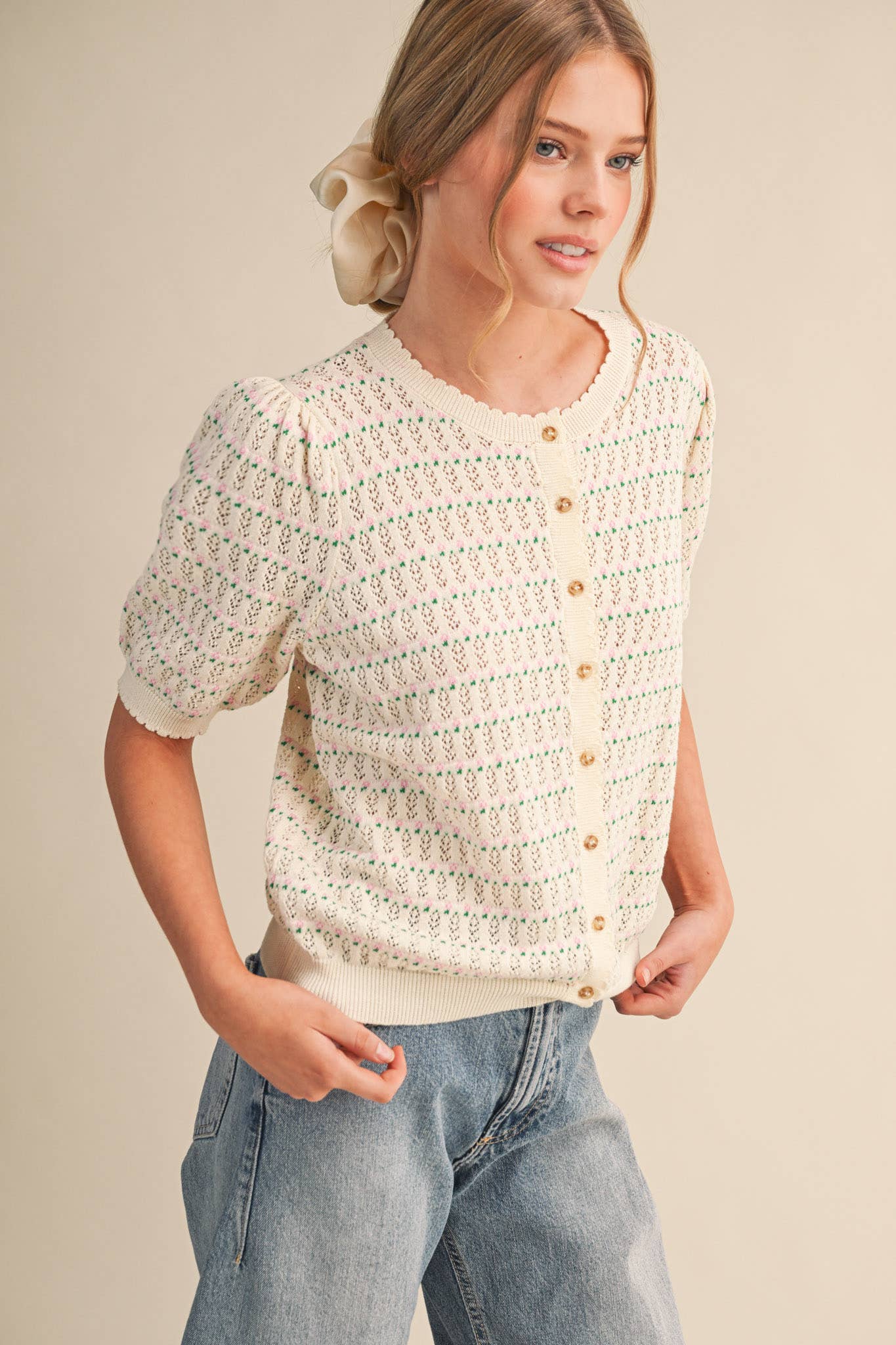 Pointelle Puff Sleeve