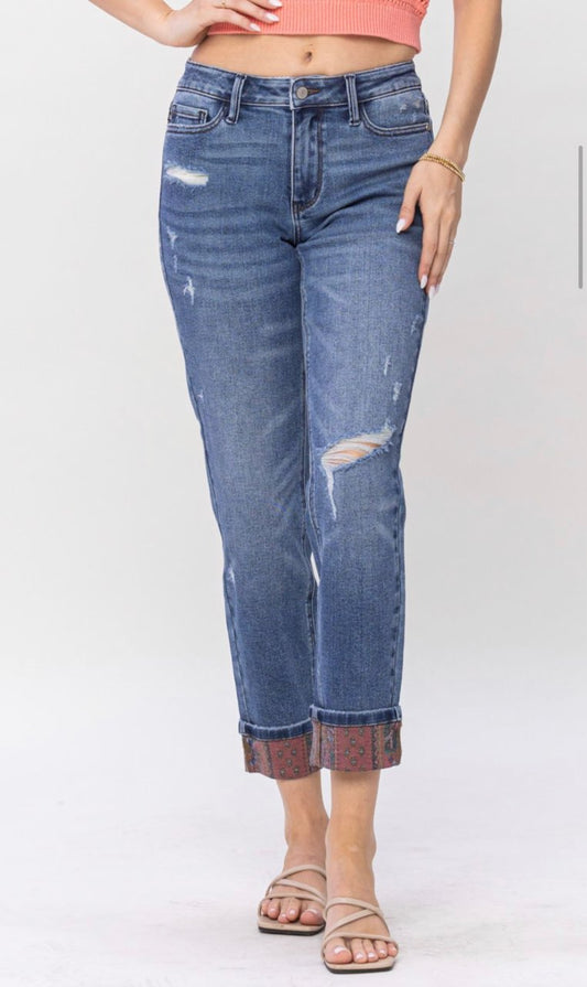 Mid-Rise | Boyfriend | Paisley Patch Print Cuff Jeans