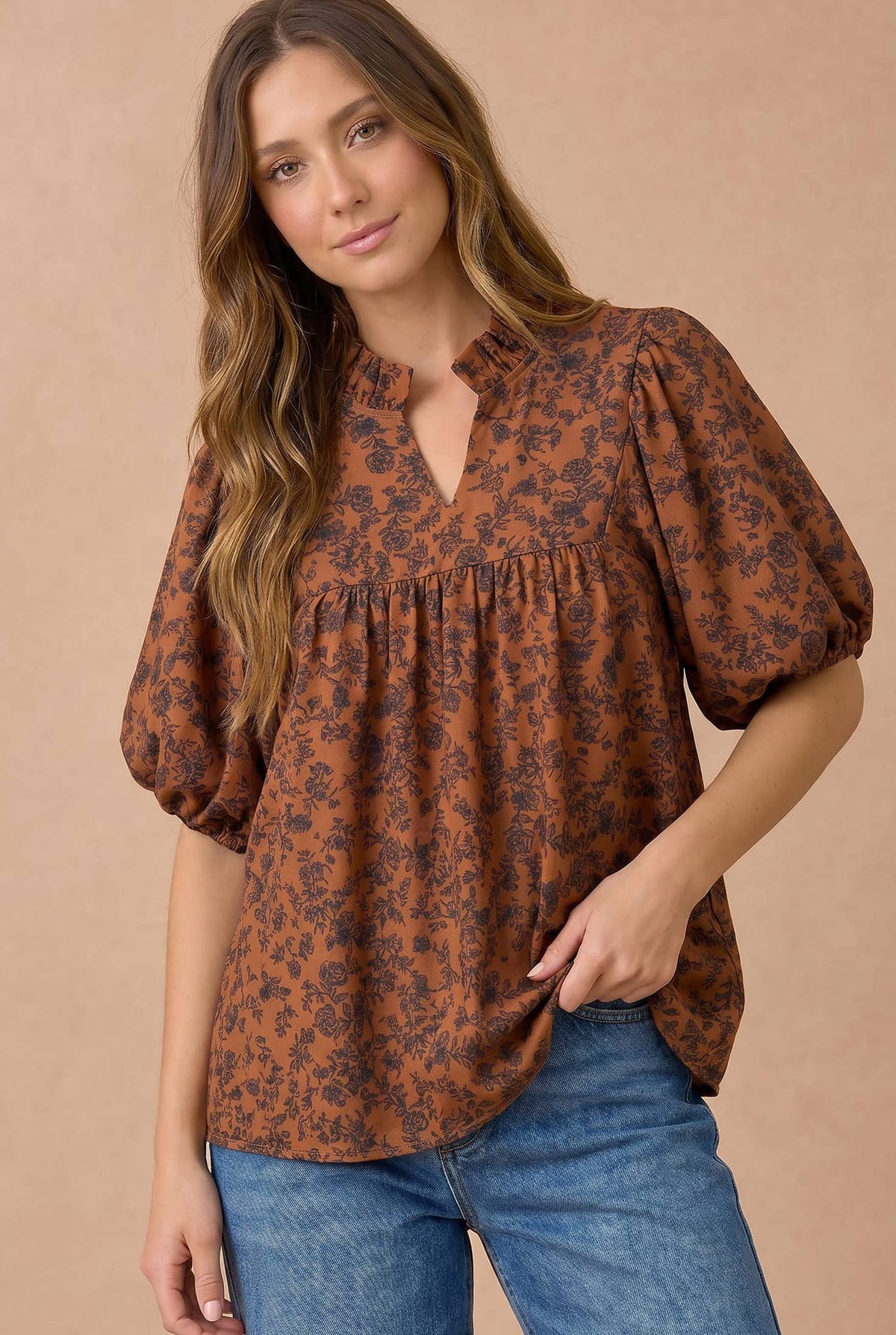 Floral Ruffle Notch Neck Blouse