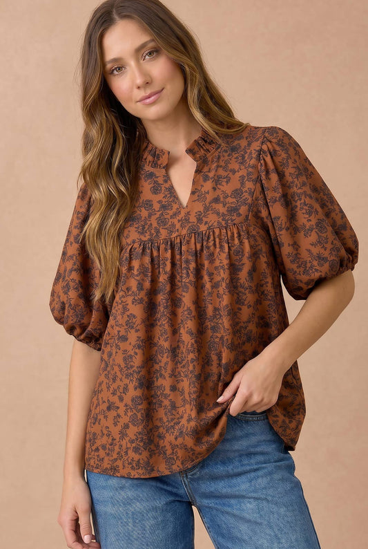 Floral Ruffle Notch Neck Blouse