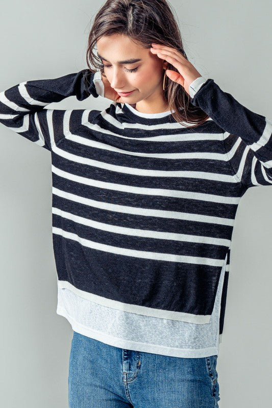 Double Layer Stripe Knit Top | Black & Ivory