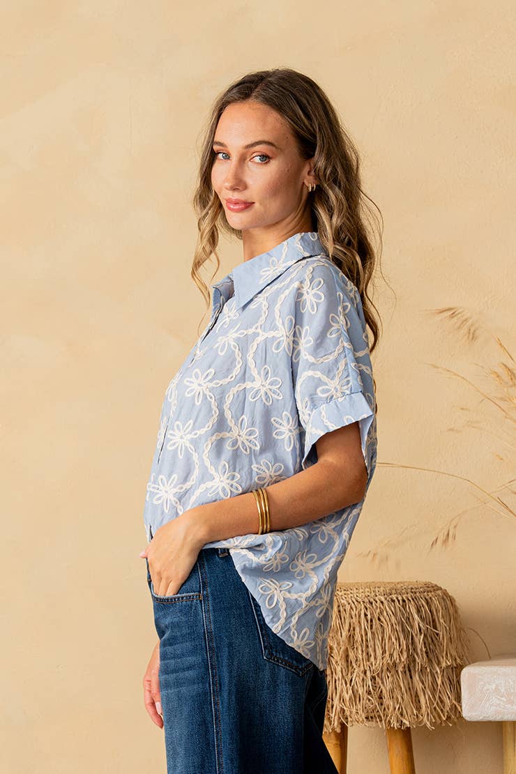 Dolman Sleeve Button Down Collared Embroidered Top