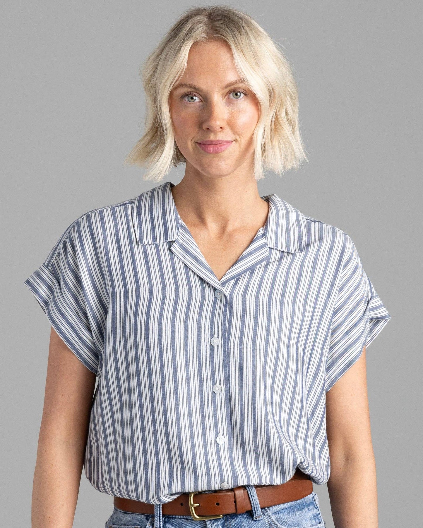 Blue Striped Short Sleeve Collared Button Down