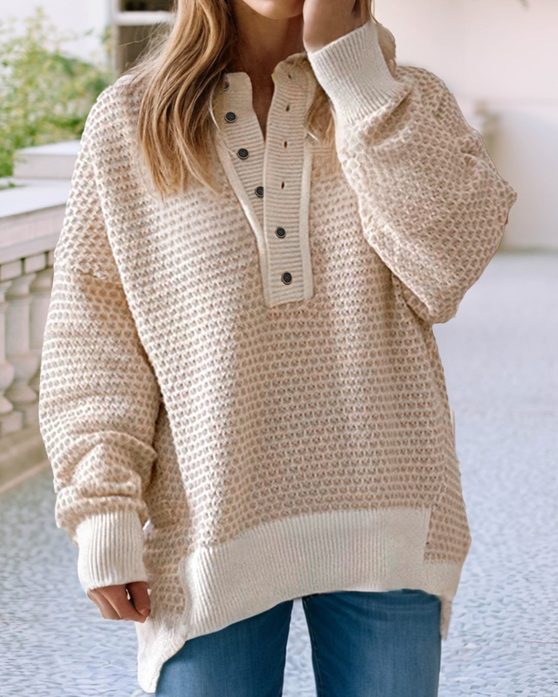 Ribbed Detail Henley Button Sweater