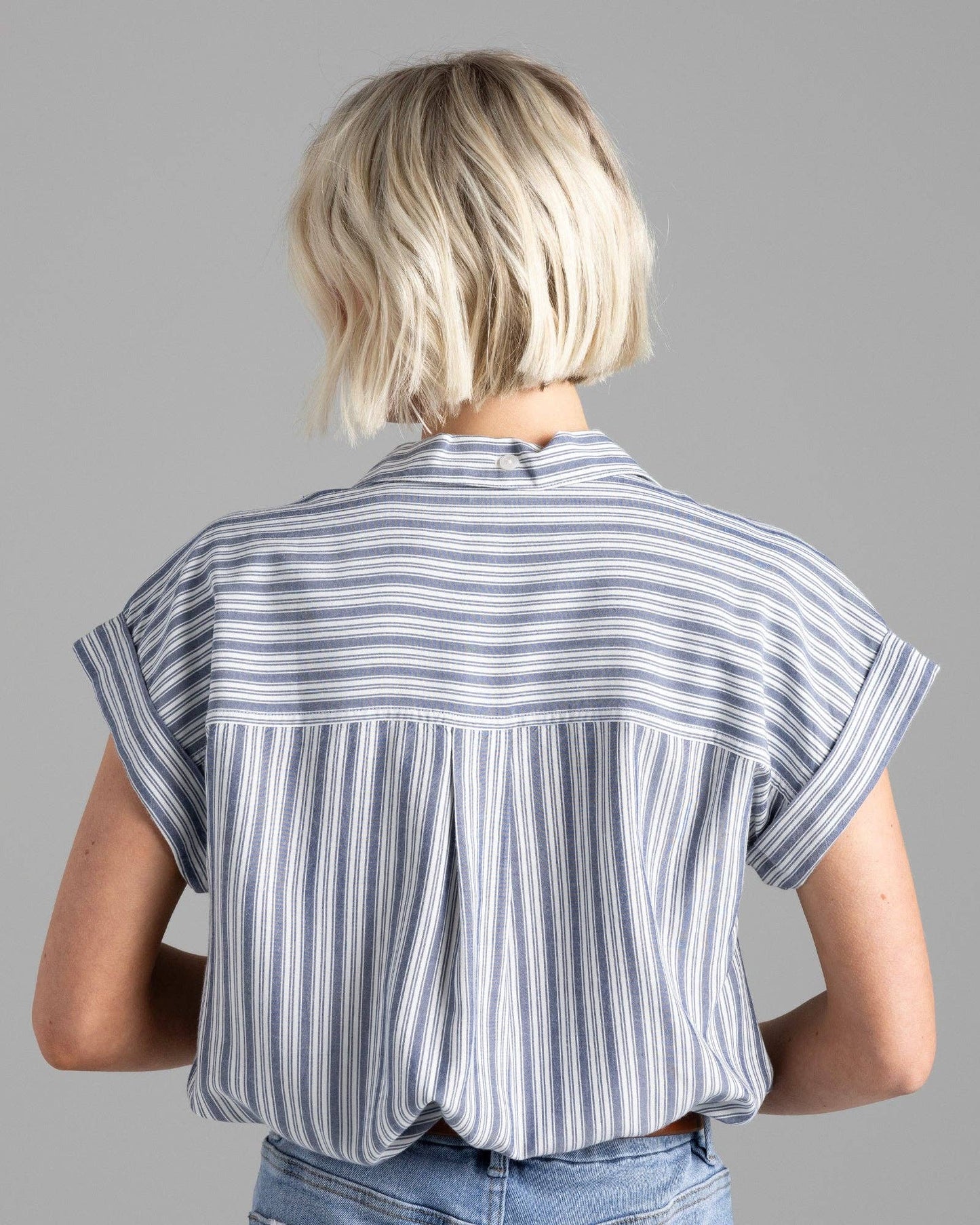 Blue Striped Short Sleeve Collared Button Down