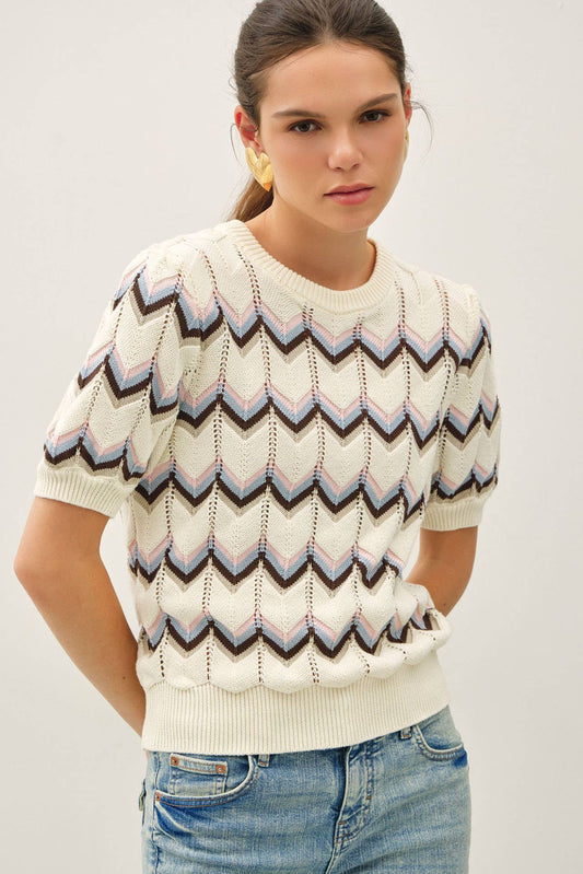 Chevron Striped Short Sleeve Sweater