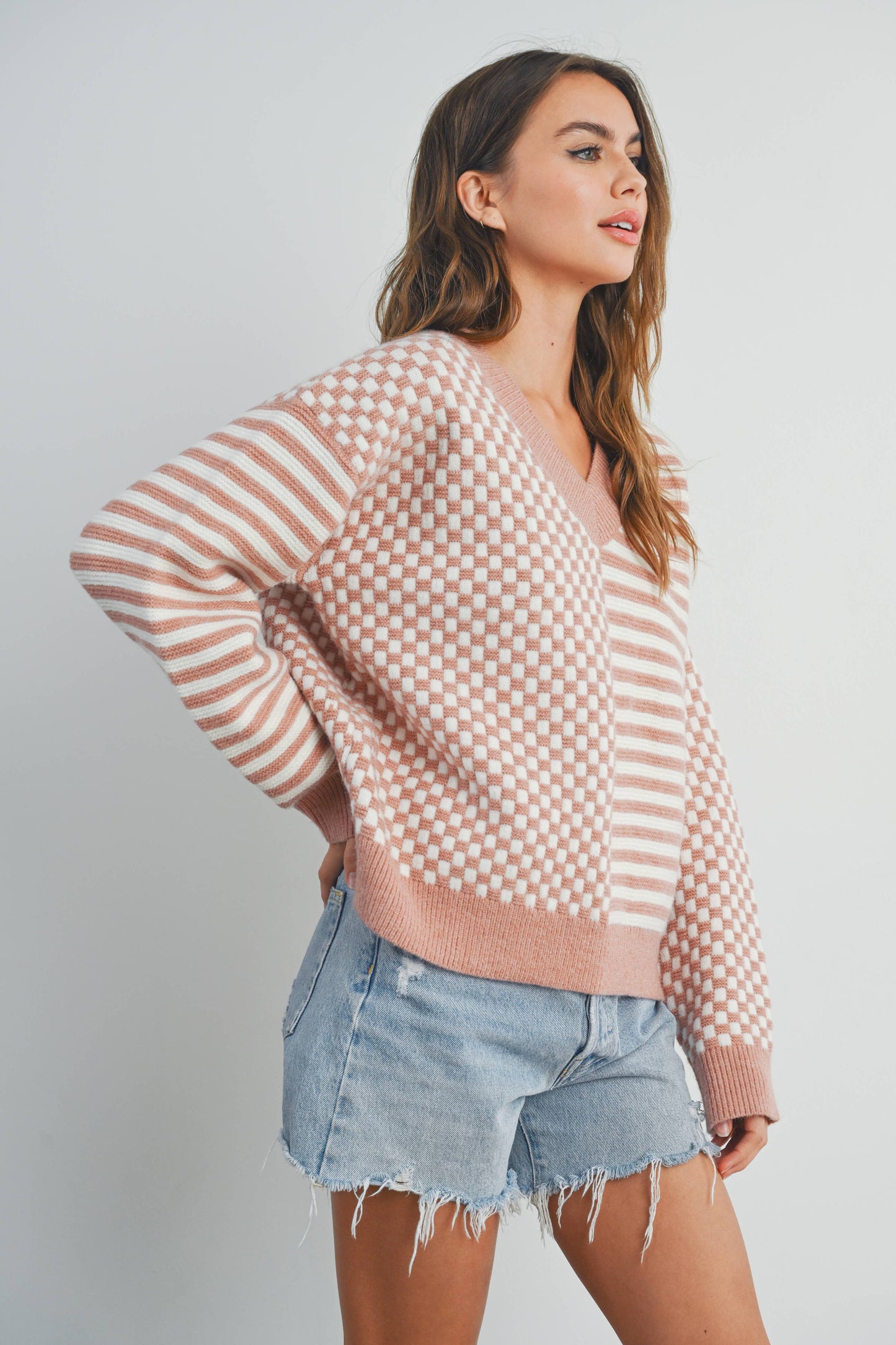 Frenchy Checker Drop Shoulder Sweater