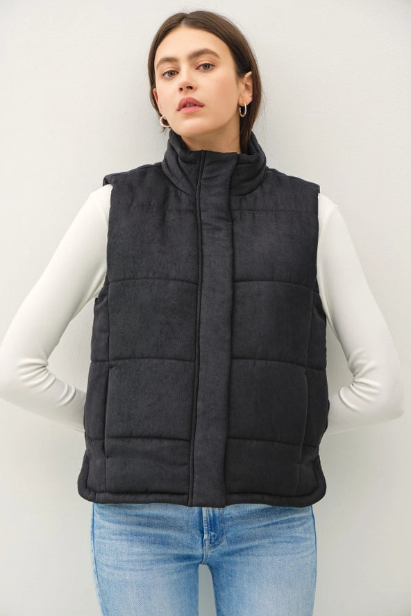 Suede-Like Puffer Vest | Black