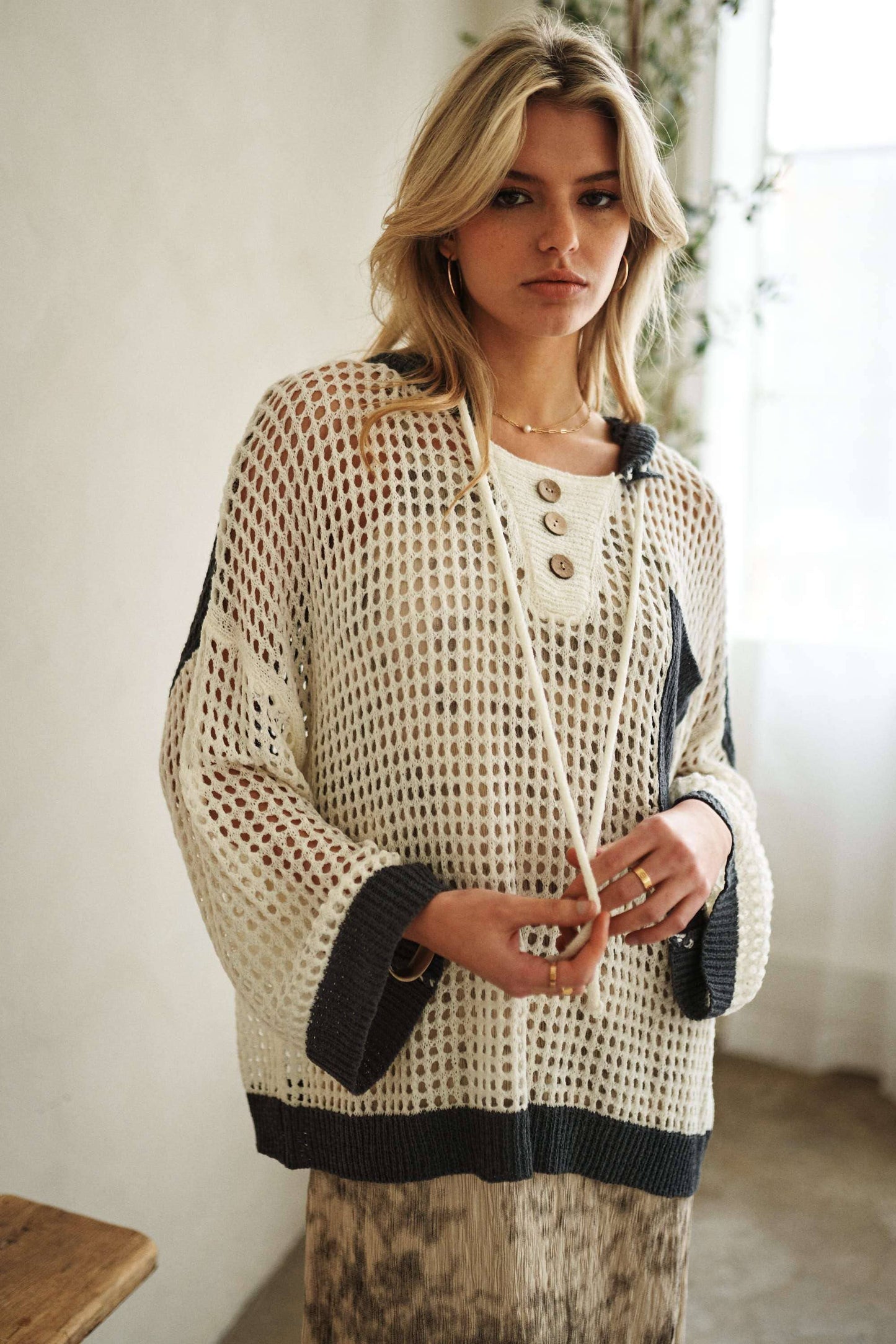 Hooded Fishnet Color Block Spring Sweater