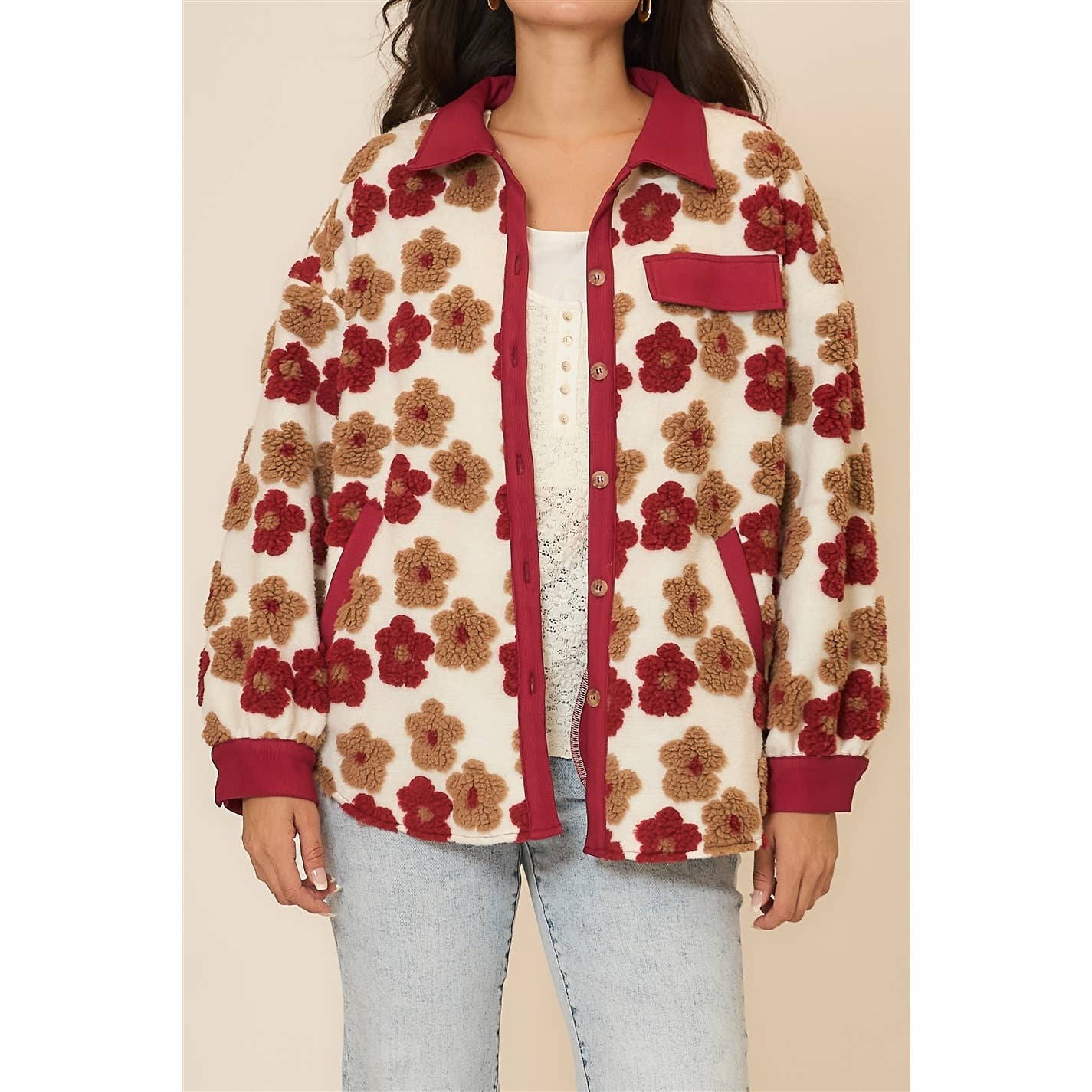 Floral High Pile Fleece Burnout Jacket