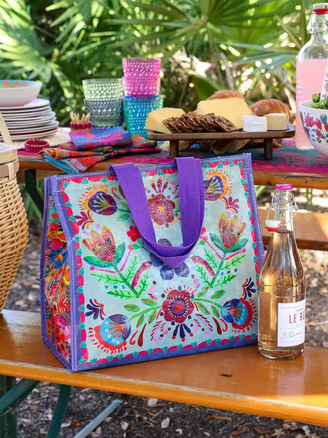 Insulated Cooler Tote | Dusty Blue Folk Flowers