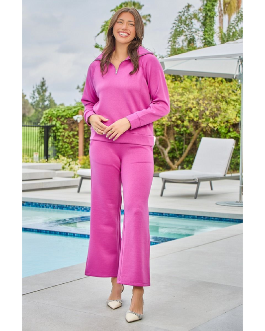 Quarter Zip Wide Leg Set | Magenta