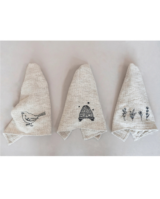 Linen and Cotton Slub Embroidered Tea Towel