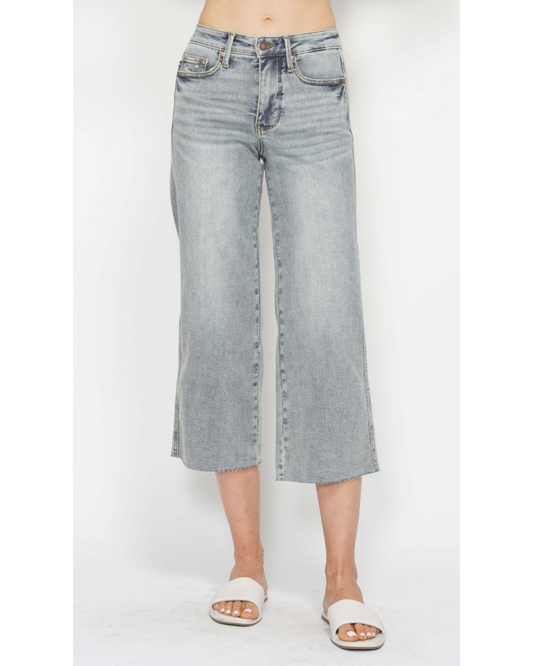 Mid-Rise | Wide Crop | Tummy Control Raw Hem Jeans