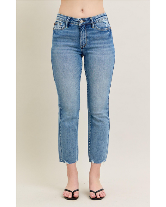 Mid-Rise | Kick Flare | Vintage Wash Destroy Hem Jeans