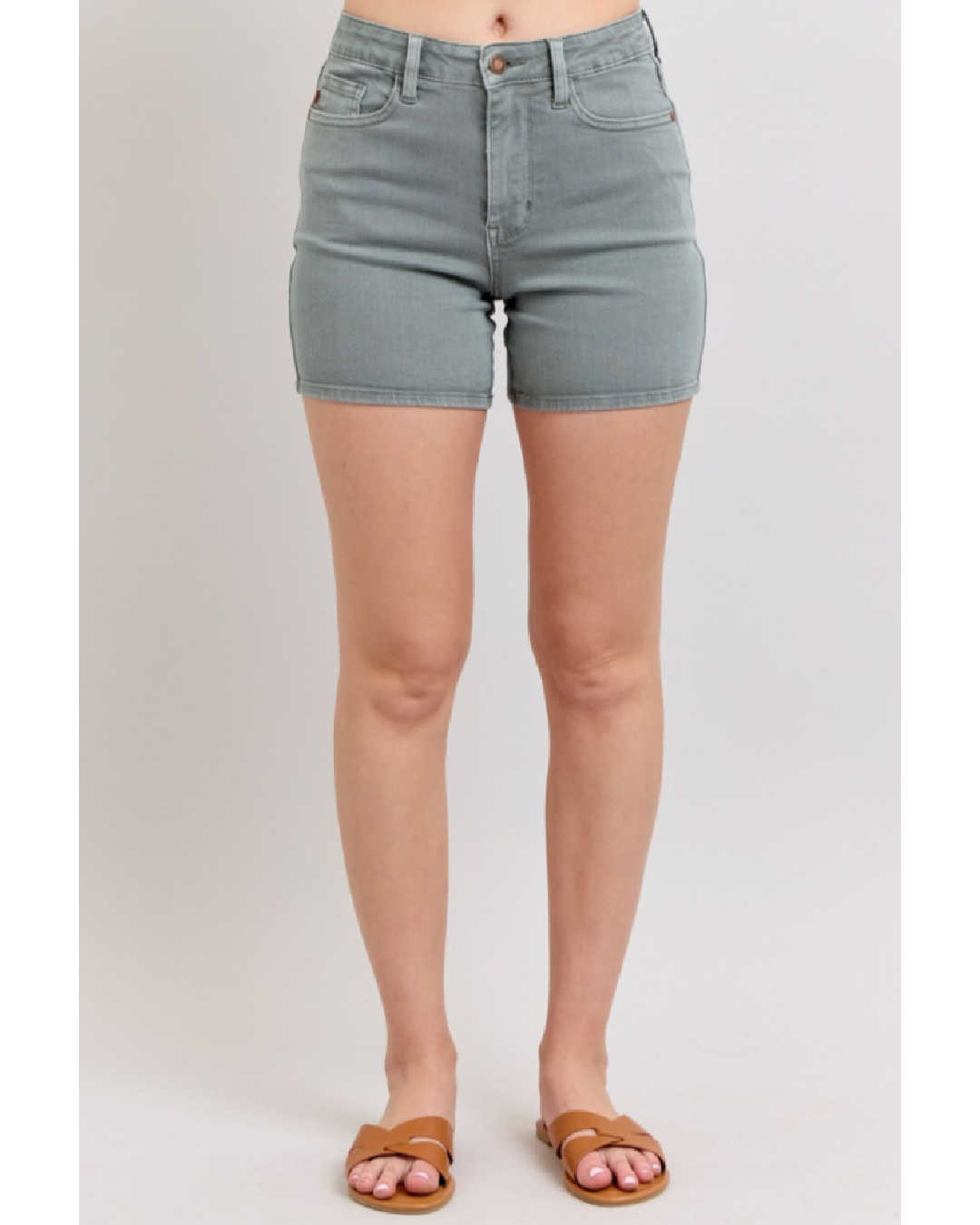 High Waist | Back Pocket Embroidery Stone Blue Shorts