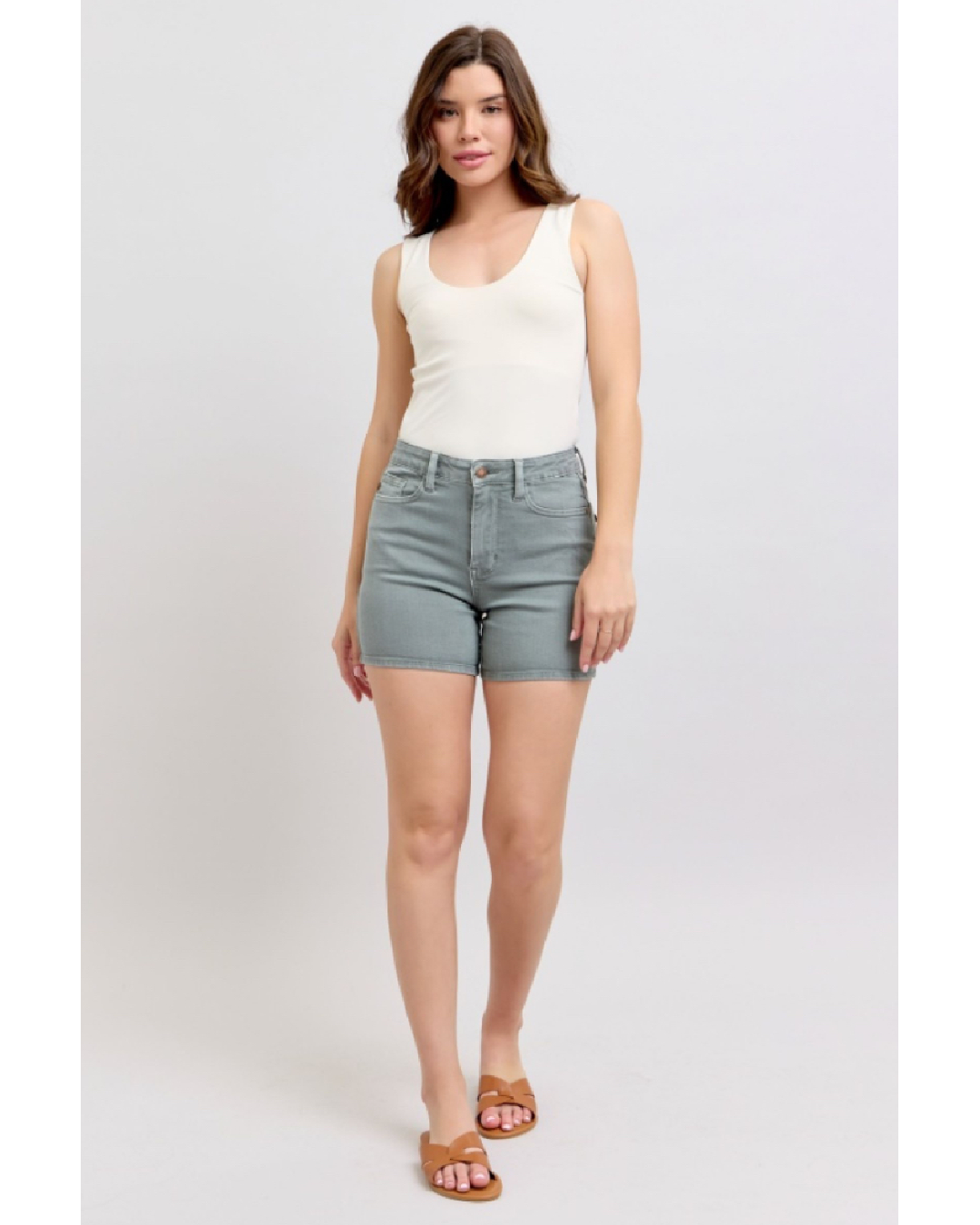 High Waist | Back Pocket Embroidery Stone Blue Shorts