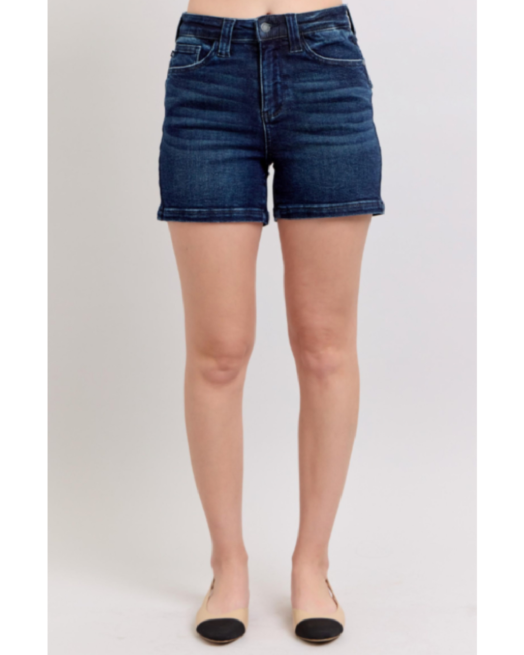 High Waist | Back Flap Pocket Dark Wash Shorts