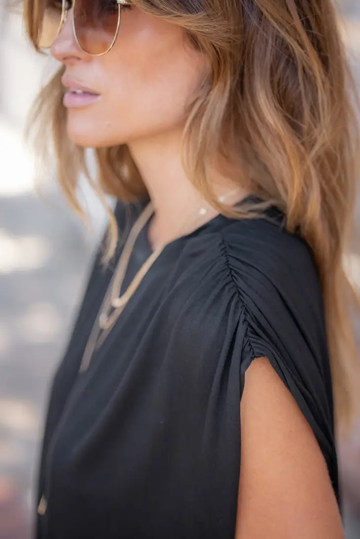 Casual Ruched Shoulder Tee | Black