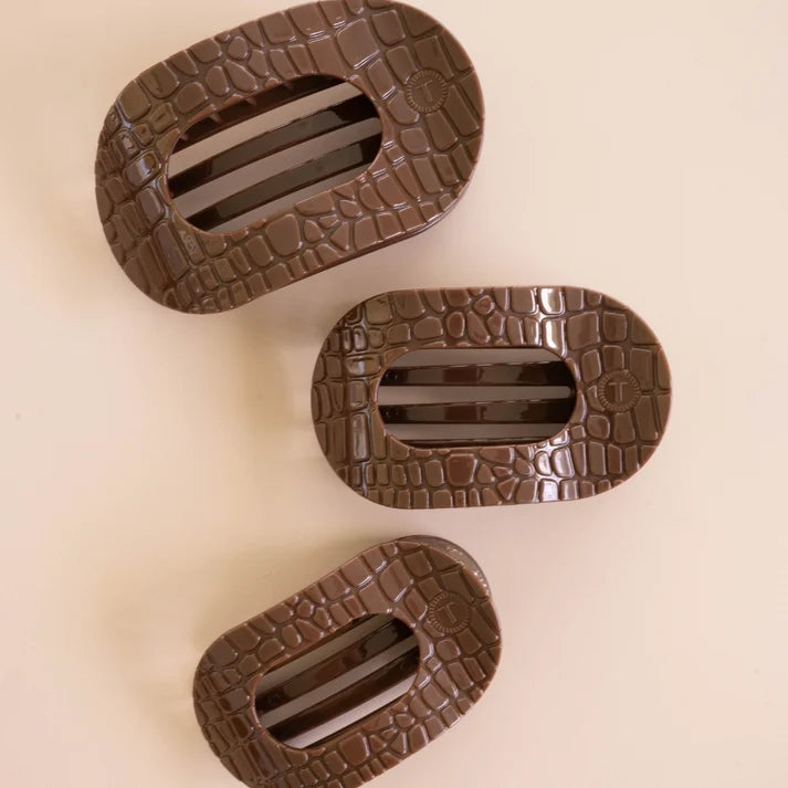 Teleties Flat Round Hair Clip | Brown Crocodile