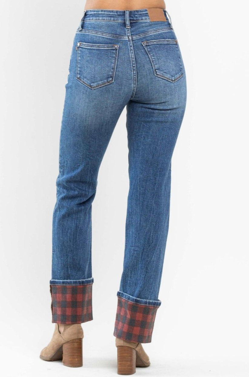 High Waist | Straight | Plaid Print Cuff Jeans