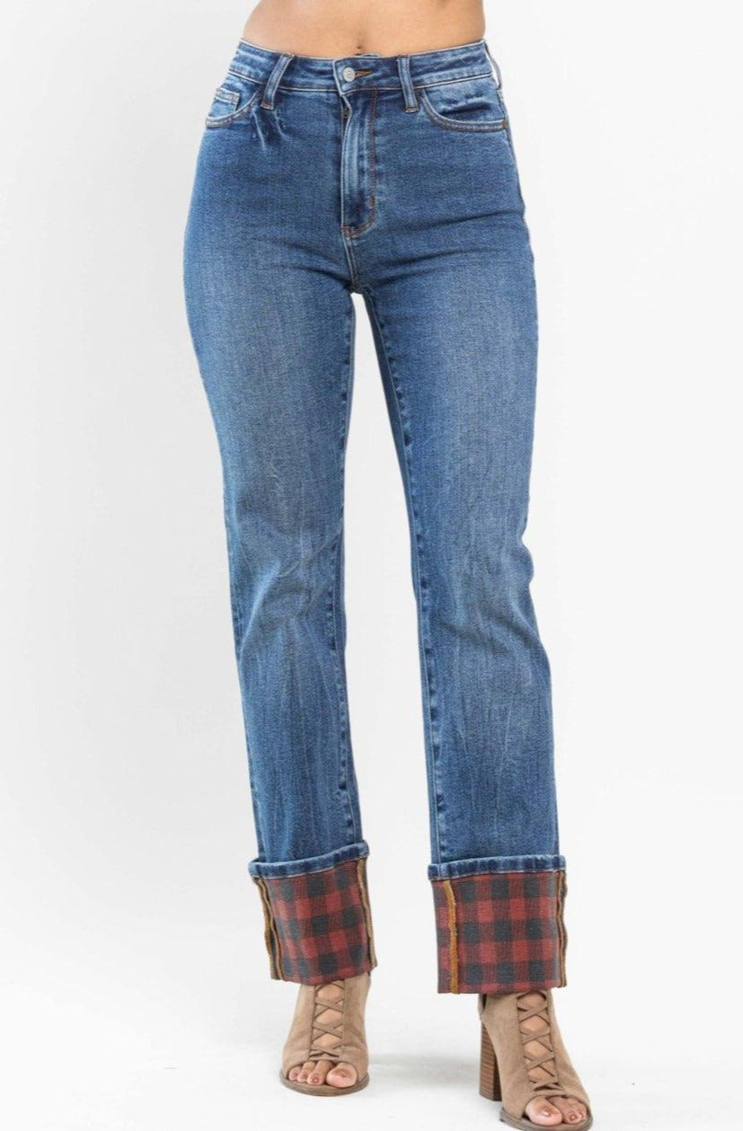 High Waist | Straight | Plaid Print Cuff Jeans