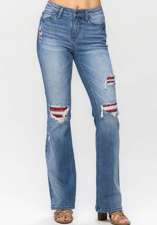 Mid-Rise | Bootcut | Plaid Patch Jeans