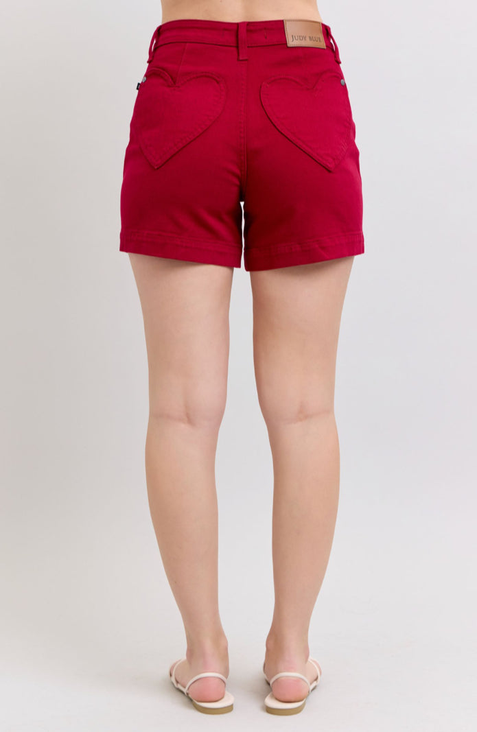 High Waist | Tummy Control Heart Pocket Red Shorts