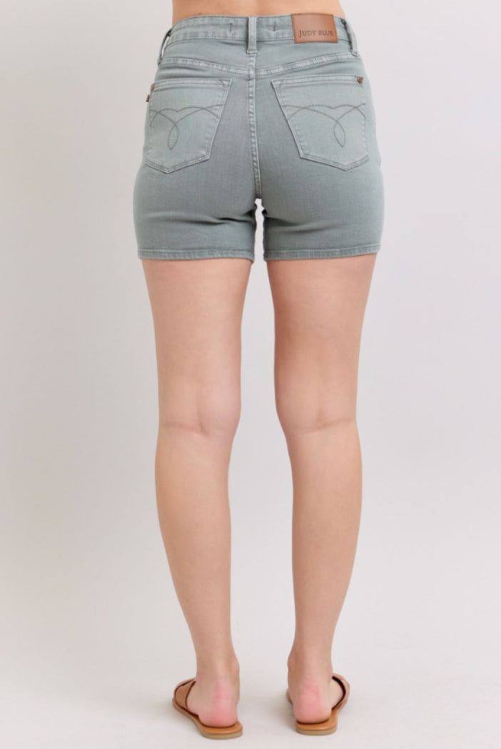 High Waist | Back Pocket Embroidery Stone Blue Shorts