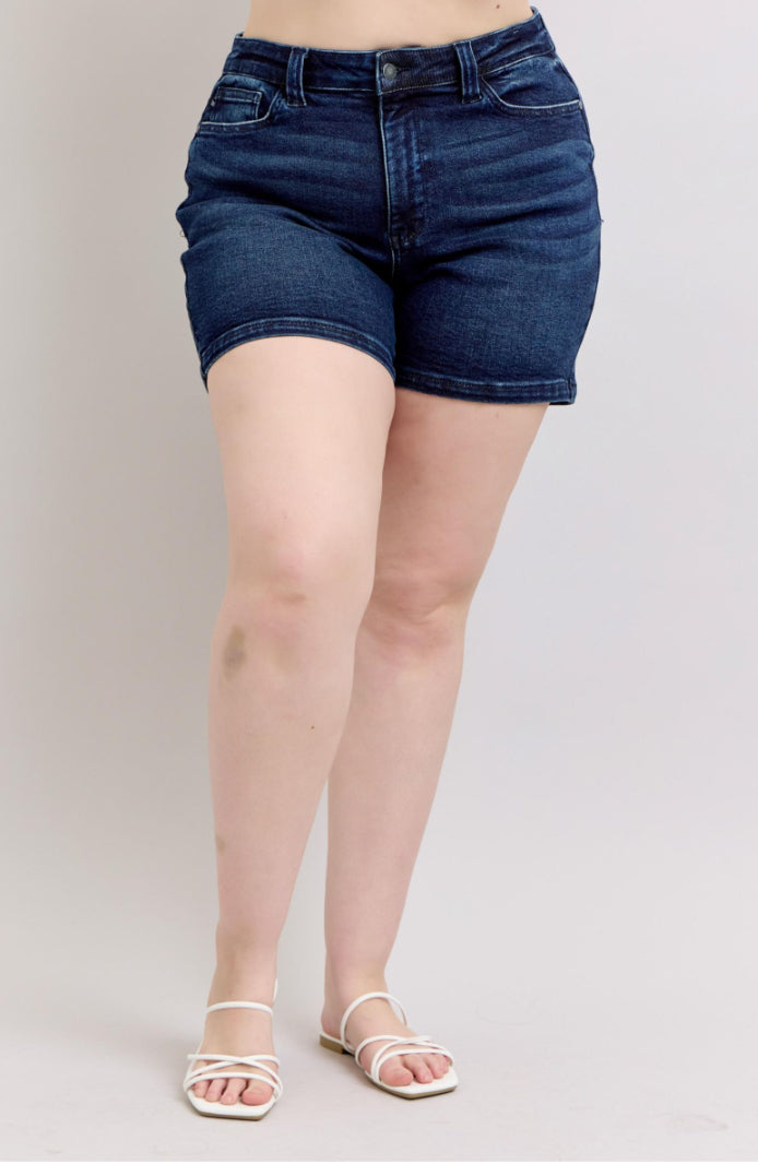 High Waist | Back Flap Pocket Dark Wash Shorts