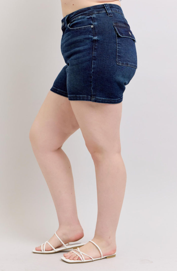 High Waist | Back Flap Pocket Dark Wash Shorts