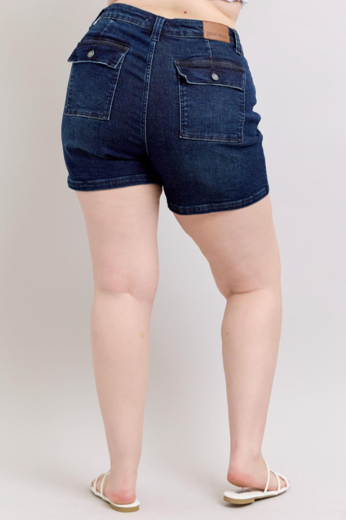 High Waist | Back Flap Pocket Dark Wash Shorts