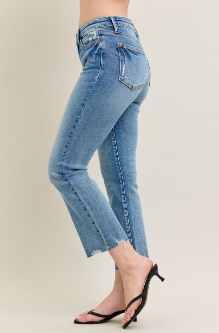 Mid-Rise | Kick Flare | Vintage Wash Destroy Hem Jeans