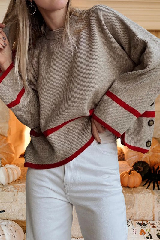 Contrasted Stripe & Button Sweater