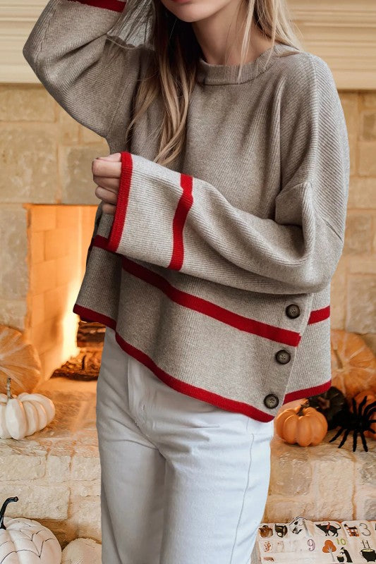 Contrasted Stripe & Button Sweater