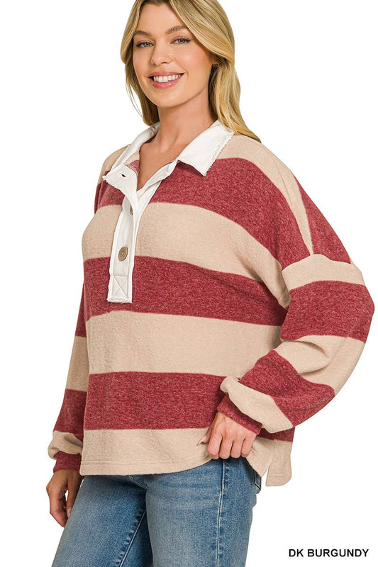 Brushed Striped Hacci Polo Sweater