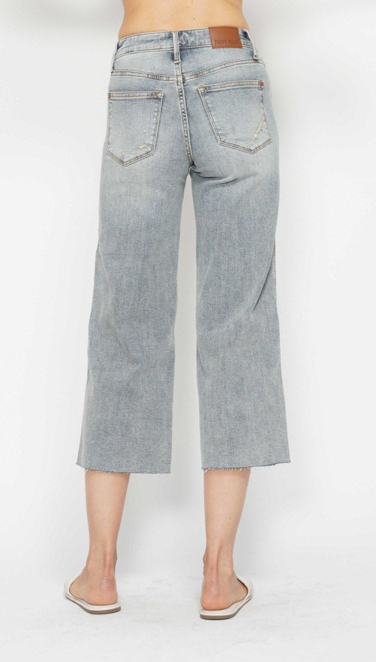 Mid-Rise | Wide Crop | Tummy Control Raw Hem Jeans