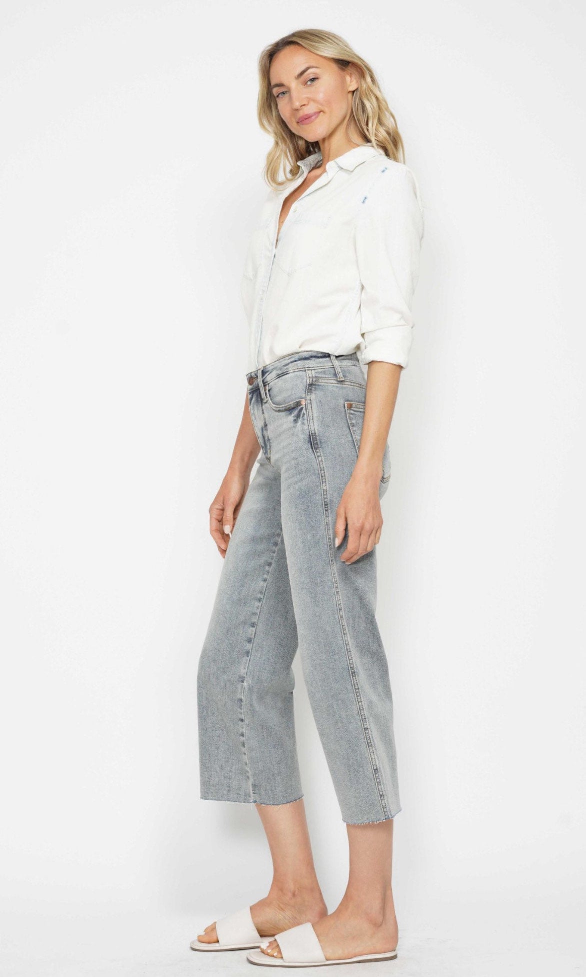 Mid-Rise | Wide Crop | Tummy Control Raw Hem Jeans