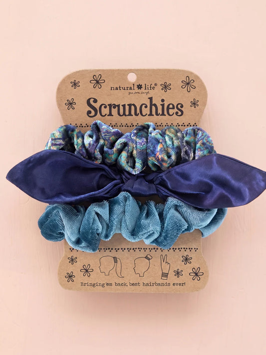 Blue Mixed Print Bow Scrunchie Set