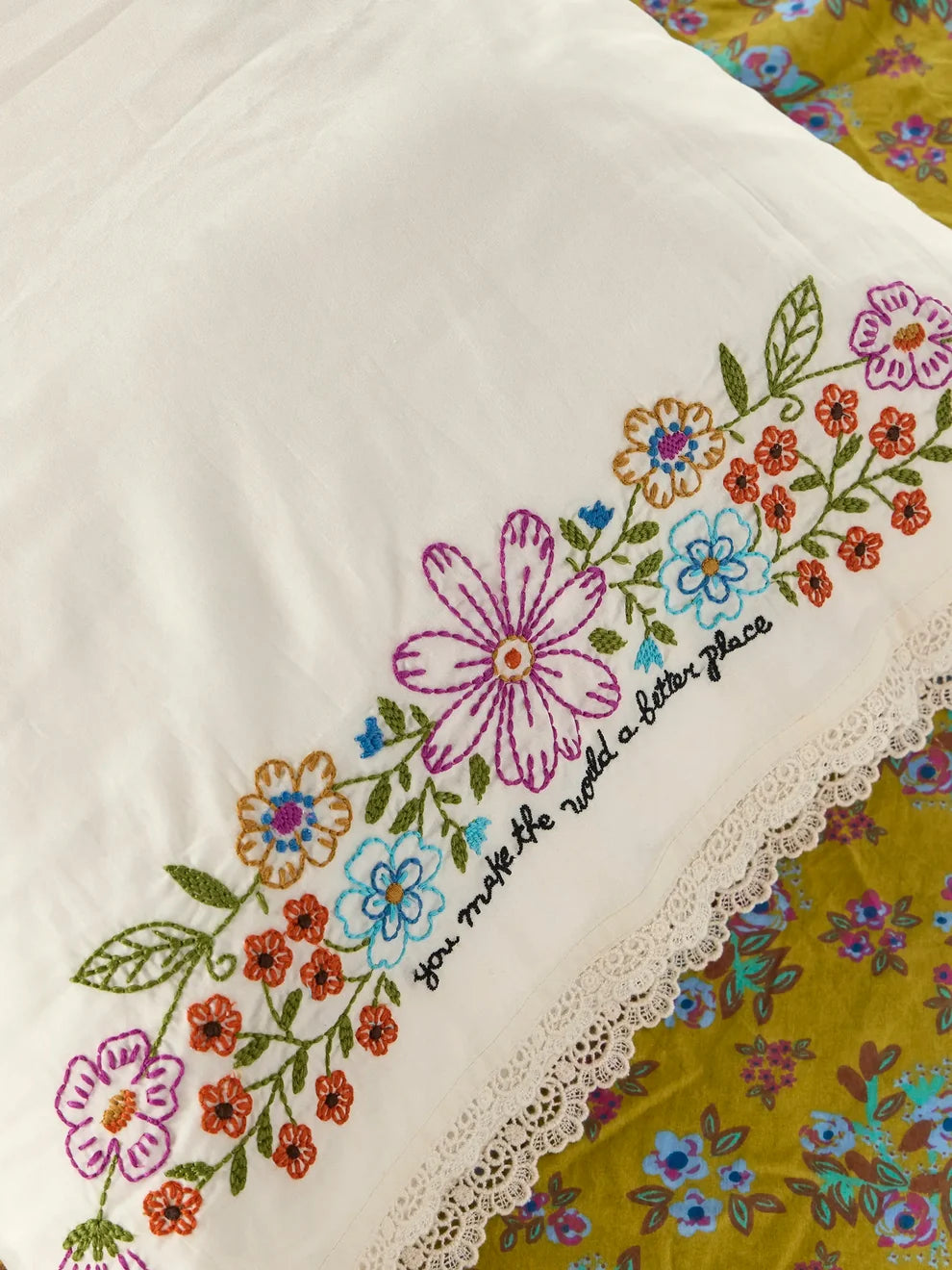 Embroidered Cotton Giving Pillowcase | You Make The World A Better Place