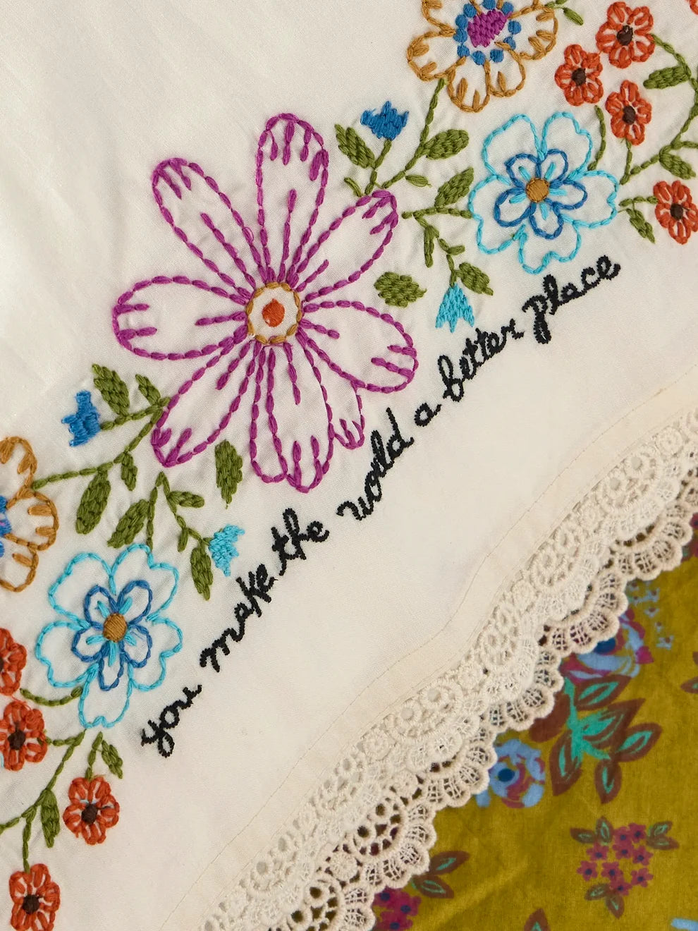 Embroidered Cotton Giving Pillowcase | You Make The World A Better Place