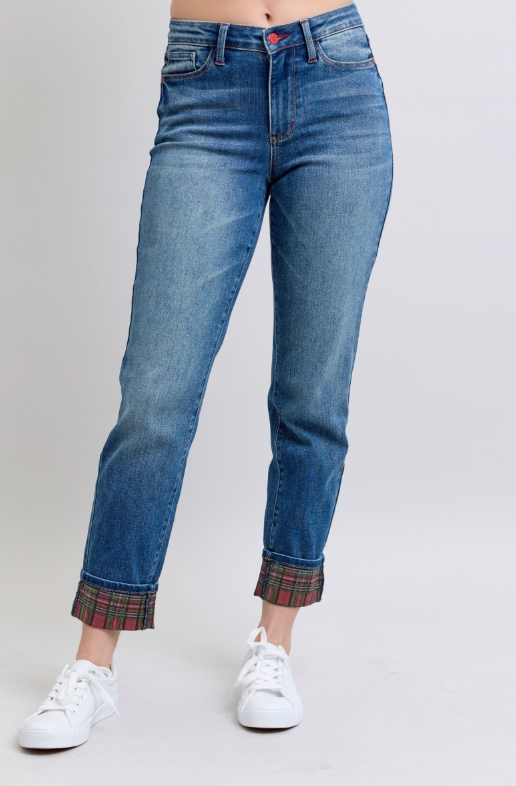 Mid Rise | Boyfriend | Plaid Print Cuff Jeans