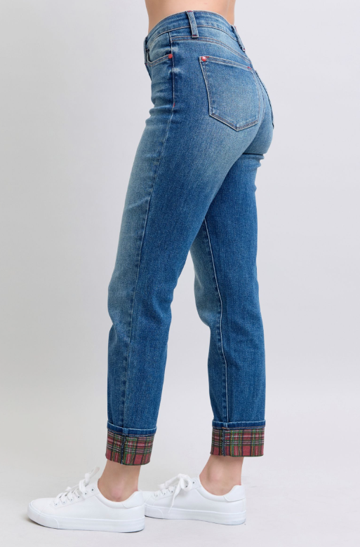 Mid Rise | Boyfriend | Plaid Print Cuff Jeans