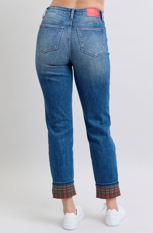 Mid Rise | Boyfriend | Plaid Print Cuff Jeans