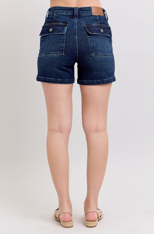 High Waist | Back Flap Pocket Dark Wash Shorts