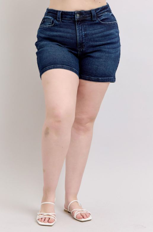 High Waist | Back Flap Pocket Dark Wash Shorts