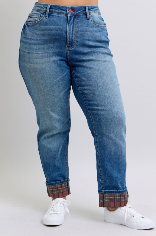 Mid Rise | Boyfriend | Plaid Print Cuff Jeans