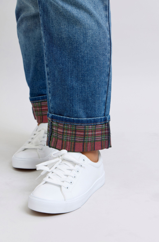 Mid Rise | Boyfriend | Plaid Print Cuff Jeans